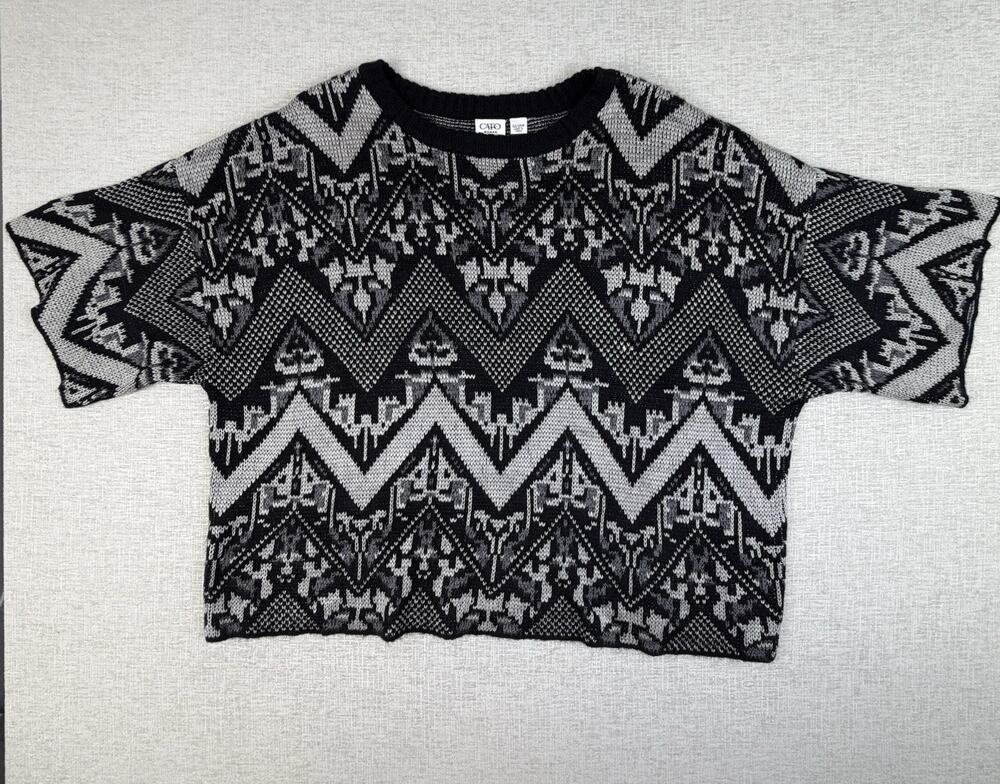 Cato Women Plus 22/24W Black Gray Aztec Short Sleeve Oversized Sweater